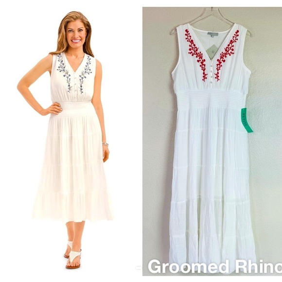 J Gee Dresses & Skirts - J Gee Red Floral Embroidered White Smocked Waist Tiered Dress Size XLP